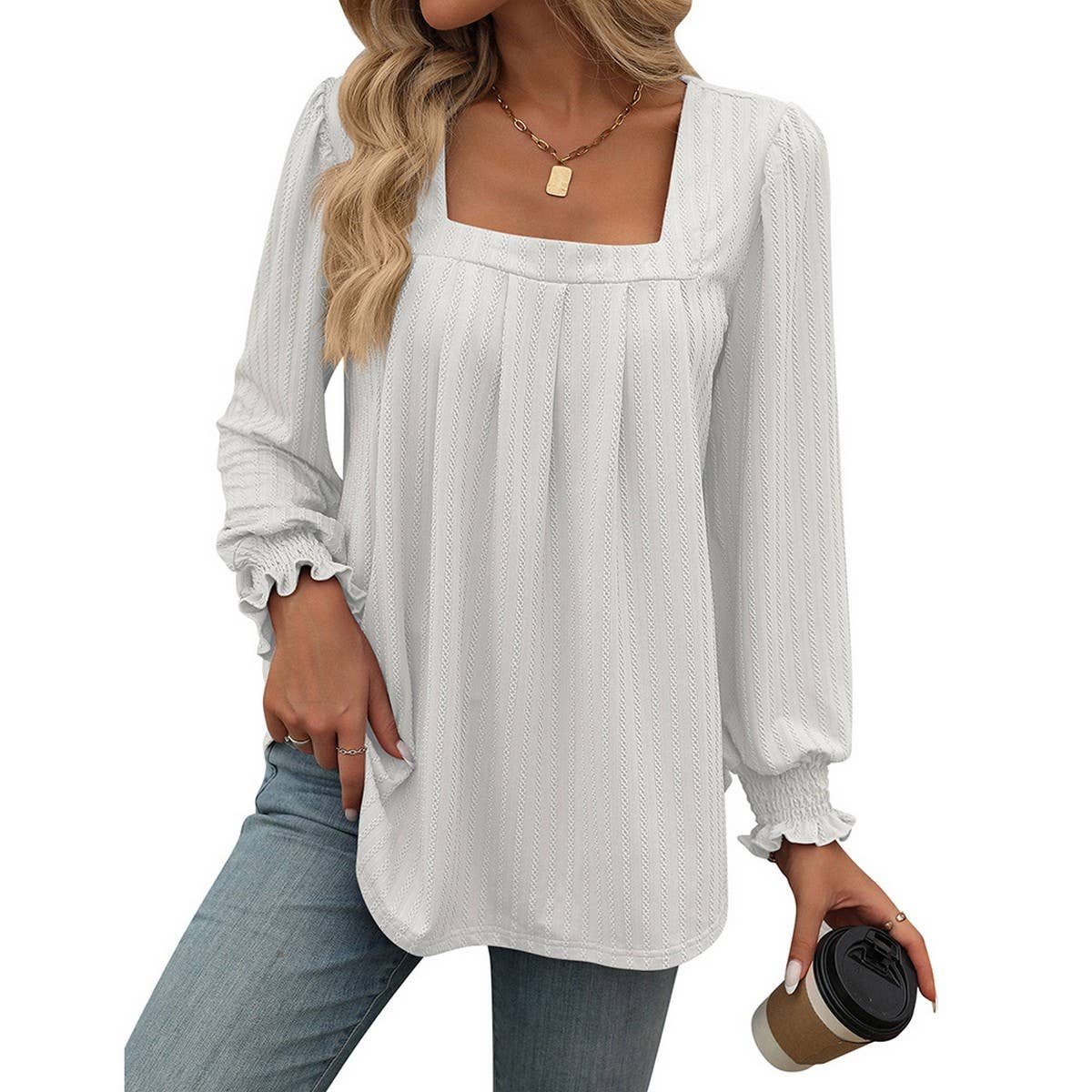 Casual square neck pleated long sleeve T-shirt
