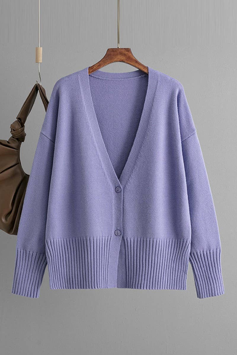 CWOCAL00665_V NECK SOLID LOOSE KNIT CARDIGAN SWEATER