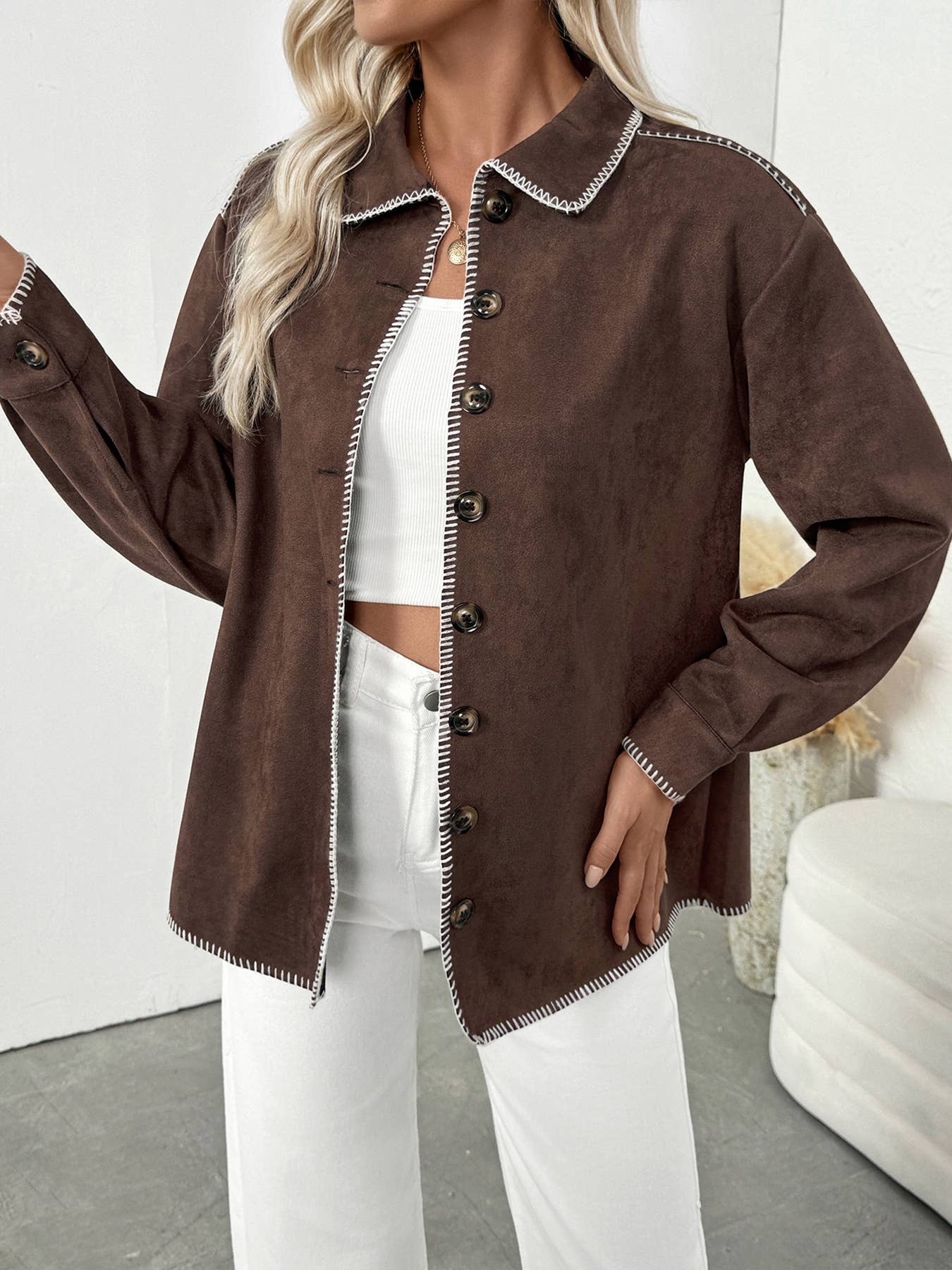 Casual fringed color-blocked lapel loose shirt