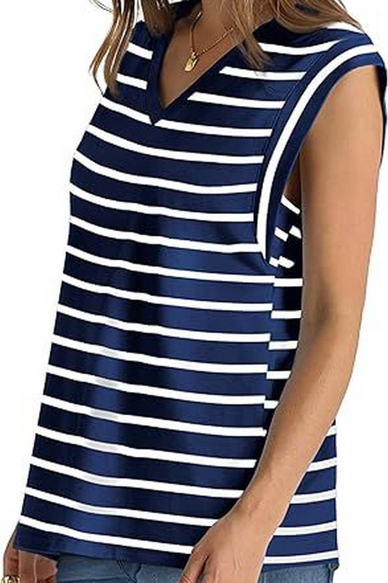 CWTTS1089_V-NECK STRIPED RAGLAN SLEEVE CASUAL T-SHIRT