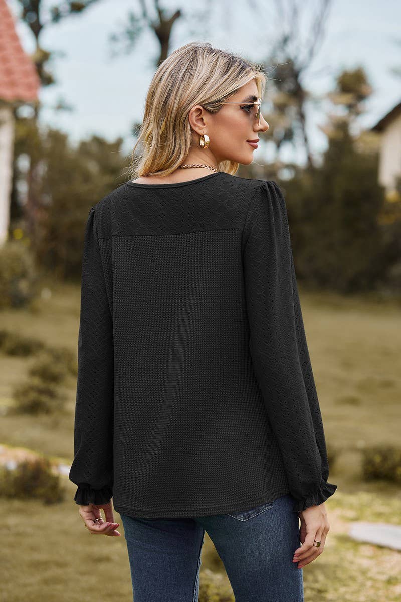 CWTBLL2417_SPLICED ROUND NECK LOOSE LONG SLEEVE T-SHIRT TOP