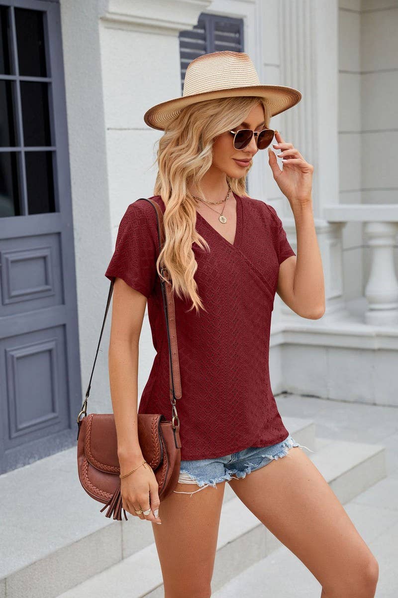 CWTTS0847_V-Neck Short Sleeve Knit Top