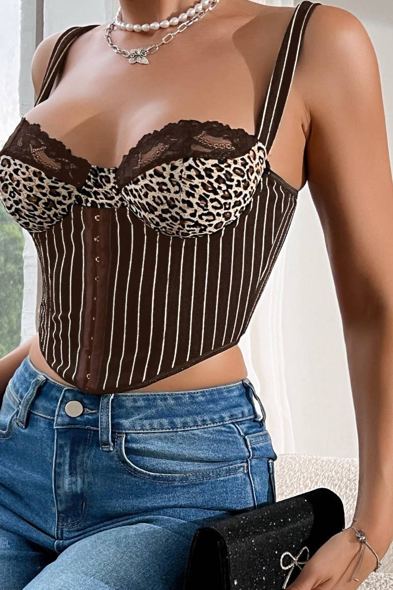 CWTTK0748_LOW-CUT LEOPARD LACE BACKLESS STRIPED CAMISOLE