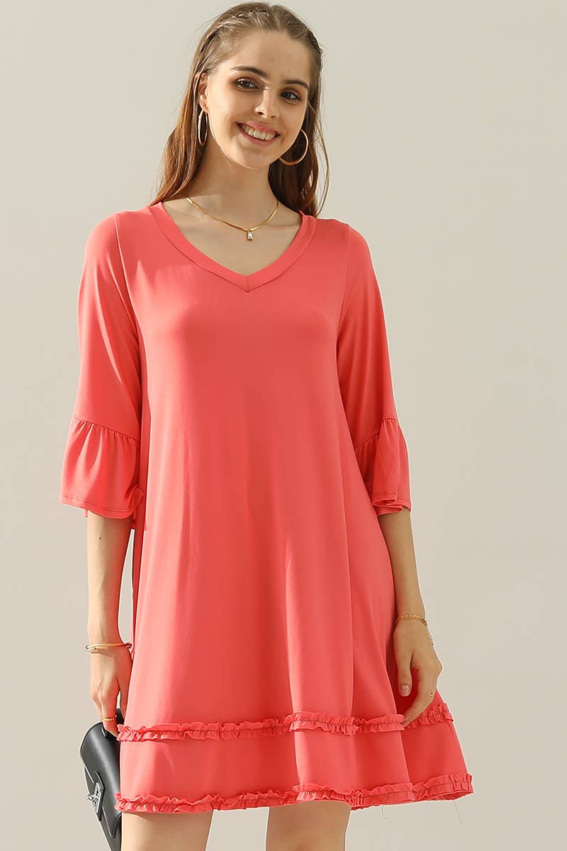 CWDSD10414_3/4 SLEEVE TIERED DRESS WITH SMALL RUFFLE DETAILS