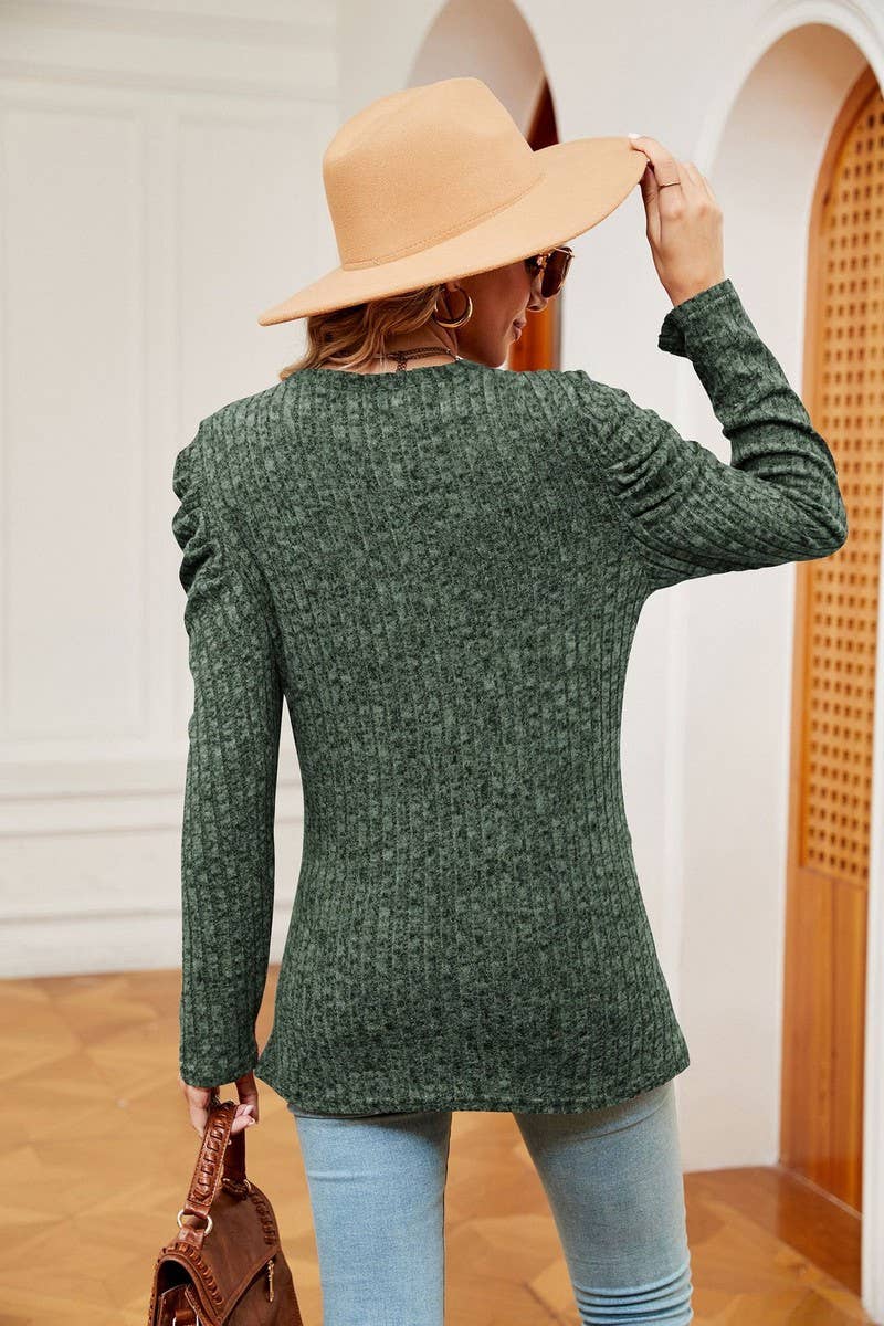 CWTBLL2403_ROUND NECK LONG SLEEVE TWISTED PUFF SLEEVE TOP