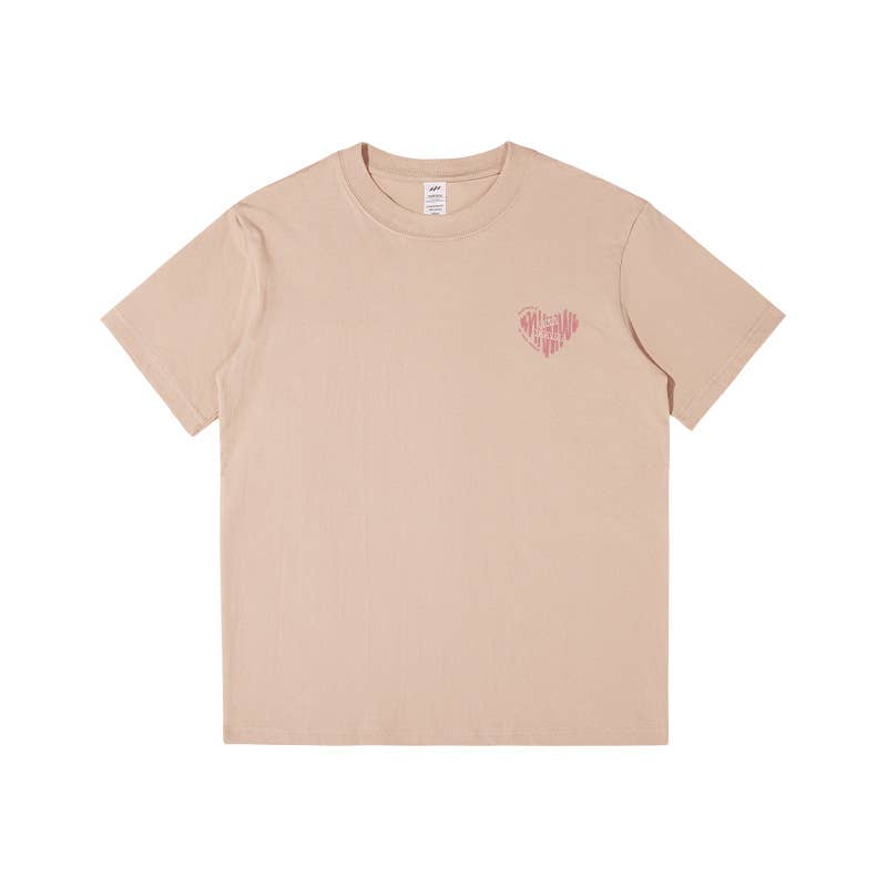 CWTTS0932_PINK LOVE HEART PRINTED ROUND NECK CASUAL T-SHIRT