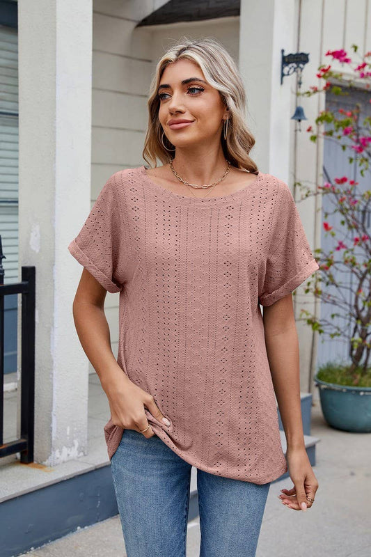 CWTBLS1735_HOLLOW ROUND NECK SHORT SLEEVE CASUAL T-SHIRT TOP