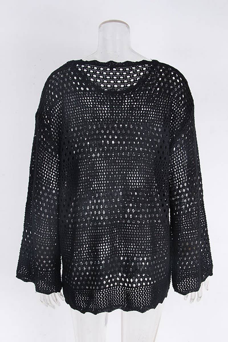 CWTBLL0946_HOLLOW KNIT SMOCK FLARED SLEEVE BEACH DRESS