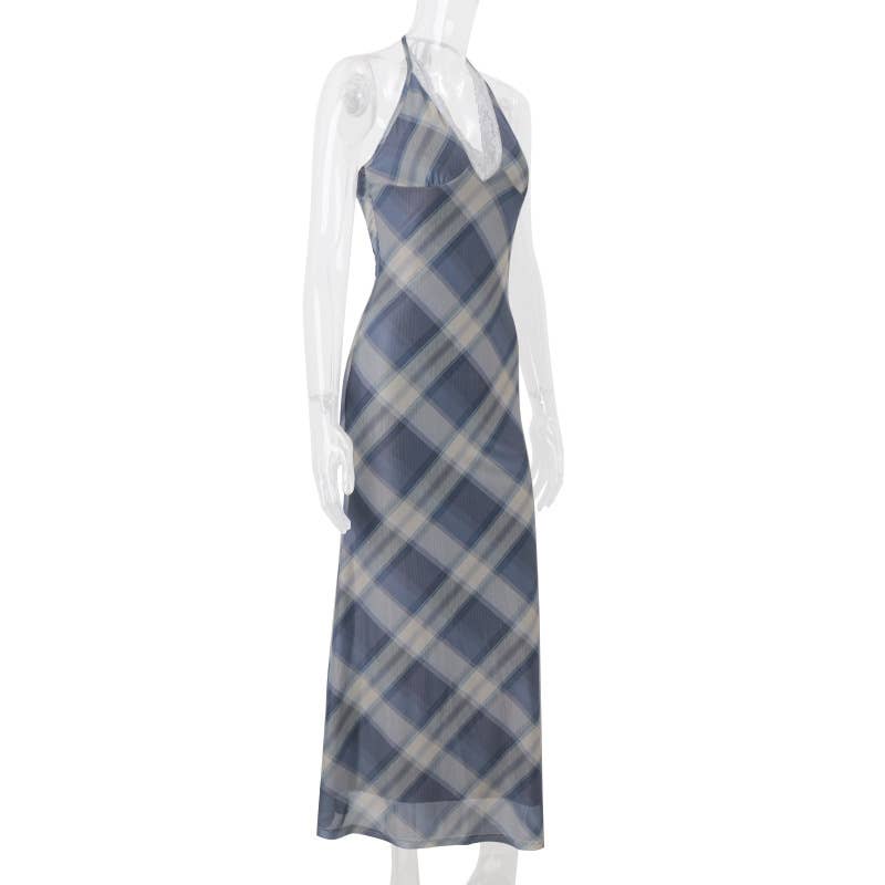 A V-neck lace lace checkered retro slim dress