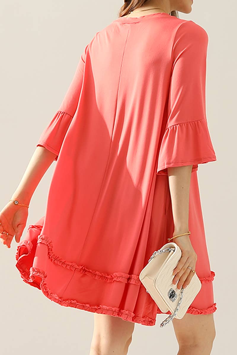 CWDSD10355_SMALL RUFFLE DETAILS 3/4 SLEEVE TIERED DRESS