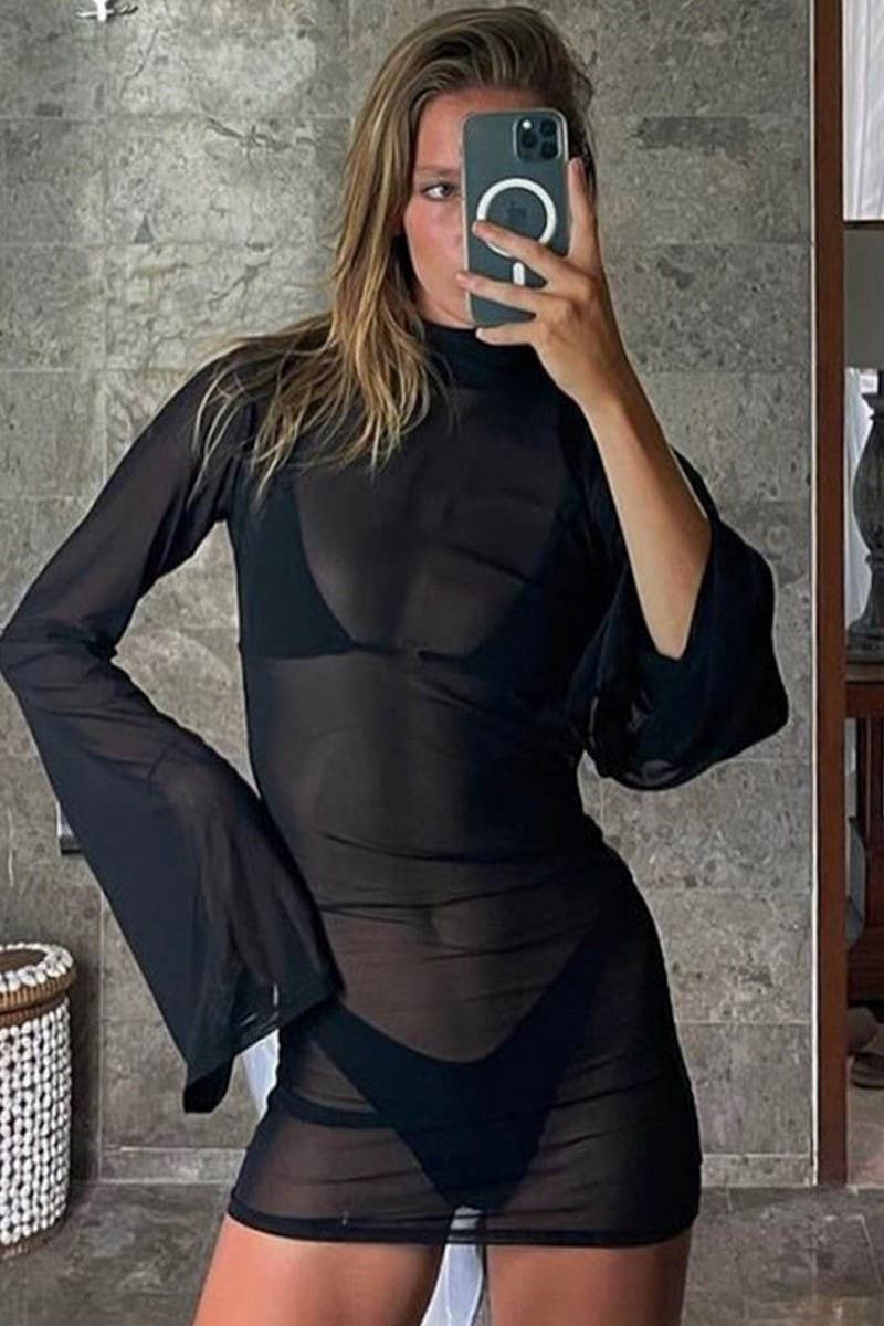 CWDSD7961_BACKLESS MESH FLARE SLEEVE BODYCON MINI DRESS