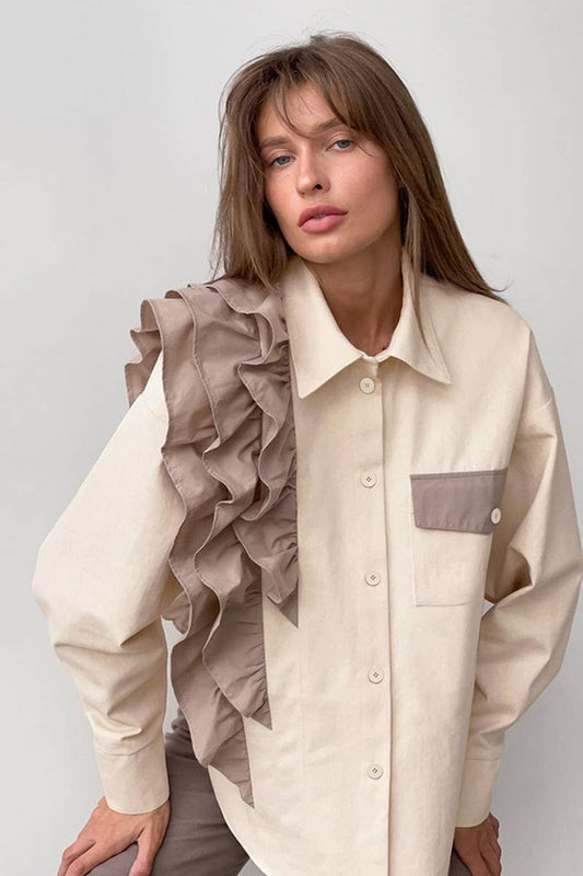 CWTBLL00578_ASYMMETRIC LOOSE CONTRAST CASUAL SHIRT