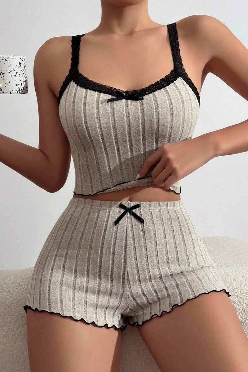 CWSPJ00487_LACE TRIM RIBBED CAMI AND SHORTS LOUNGEWEAR