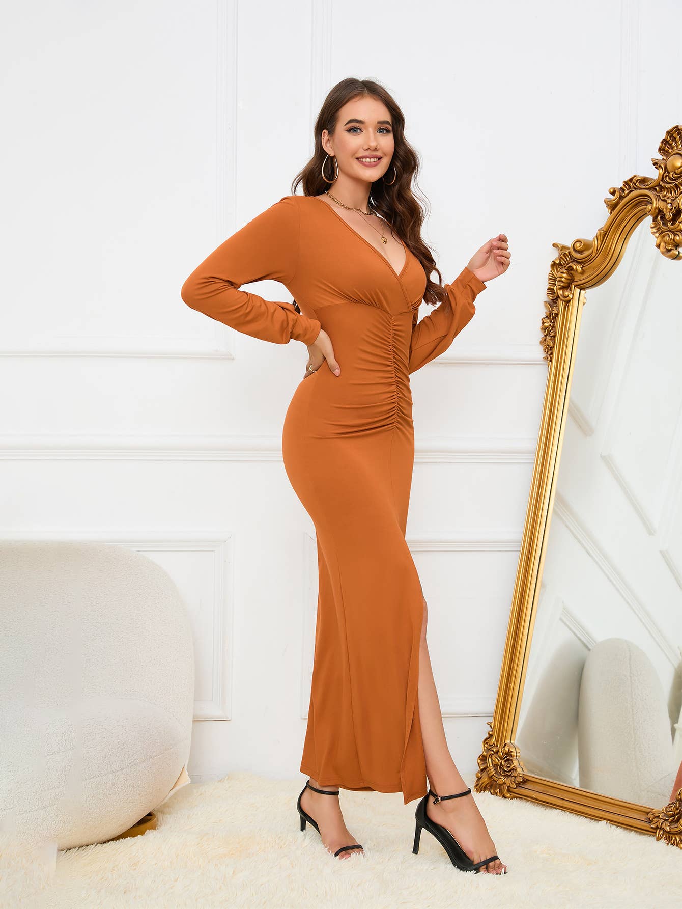 DEEP V-NECK FRONT SLIT PLEATED WAIST DRESS