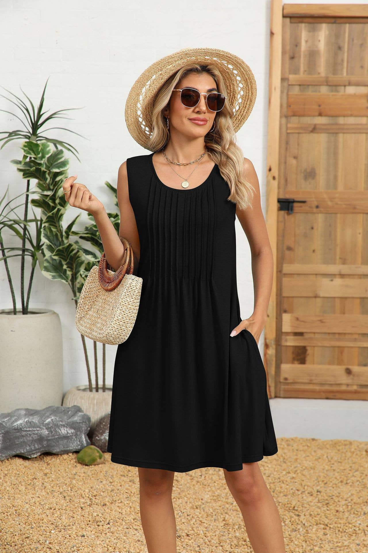 Crew-neck loose print tank top dress with pockets