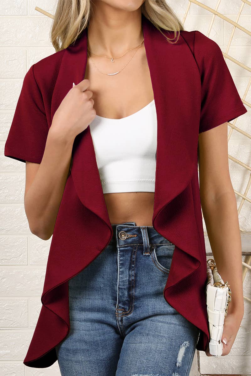 CWOBL095-P_Short Sleeve Open Front Draped Ruffles Blouses