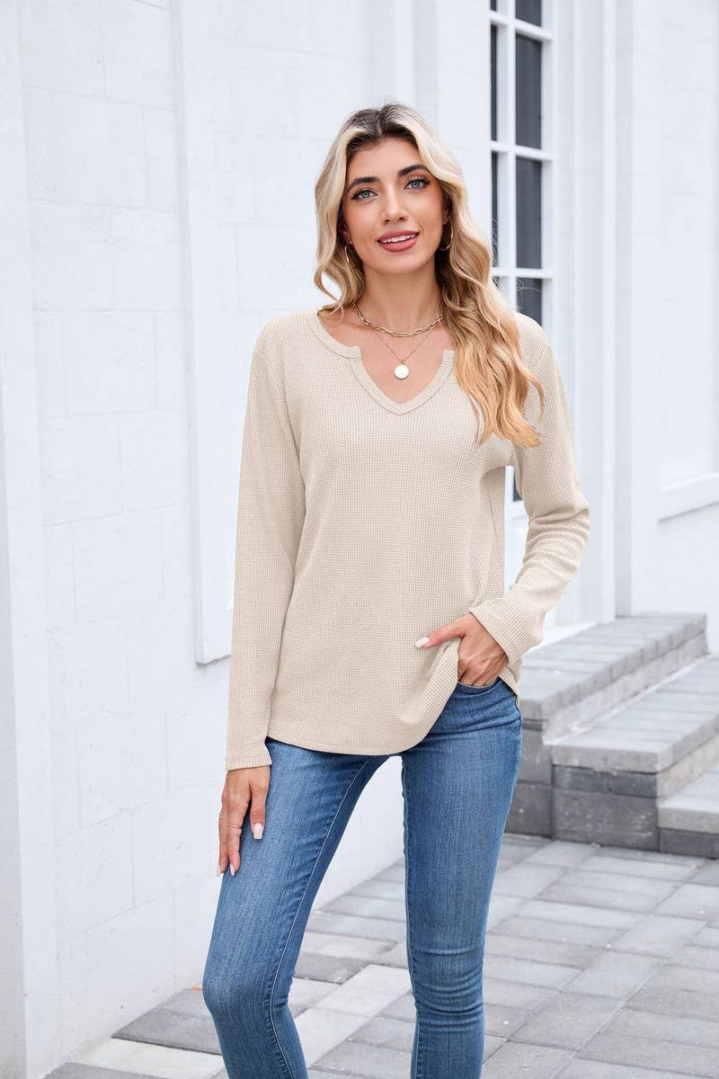 CWTBLL01294_V-NECK WAFFLE LONG-SLEEVED LOOSE T-SHIRT TOP