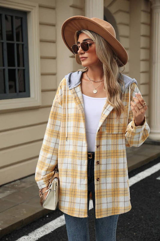 CWOCO0491_HOODED BUTTON-DOWN PLAID LONG-SLEEVED COAT