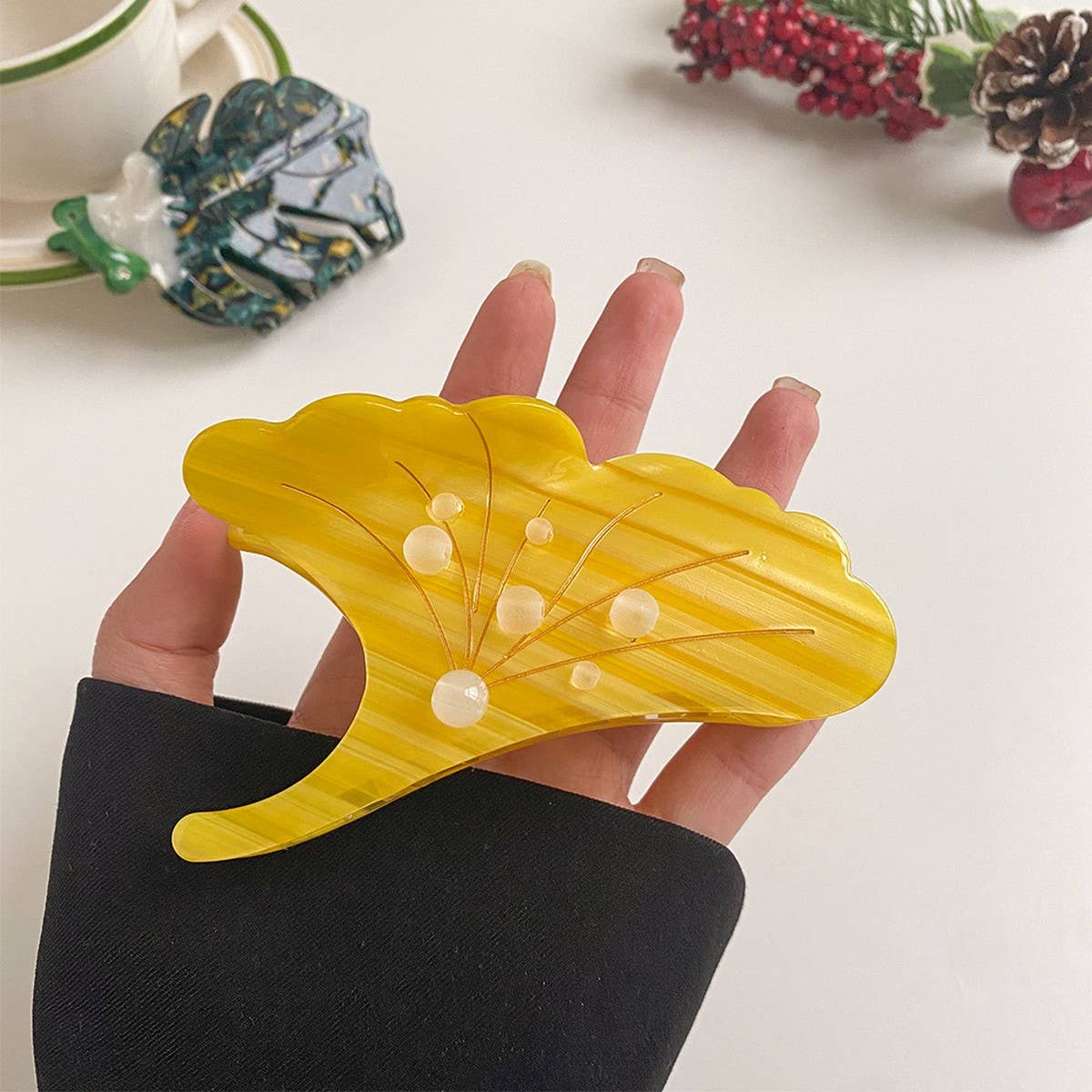 Cute Green Frog & Ginkgo Leaf Hair Clip