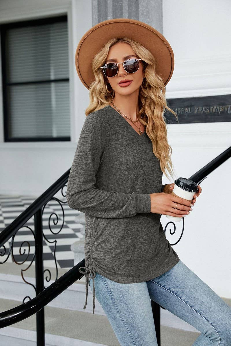 CWTBLL3662_WOMEN'S V-NECK PLEATED LONG SLEEVED LOOSE T-SHIRT
