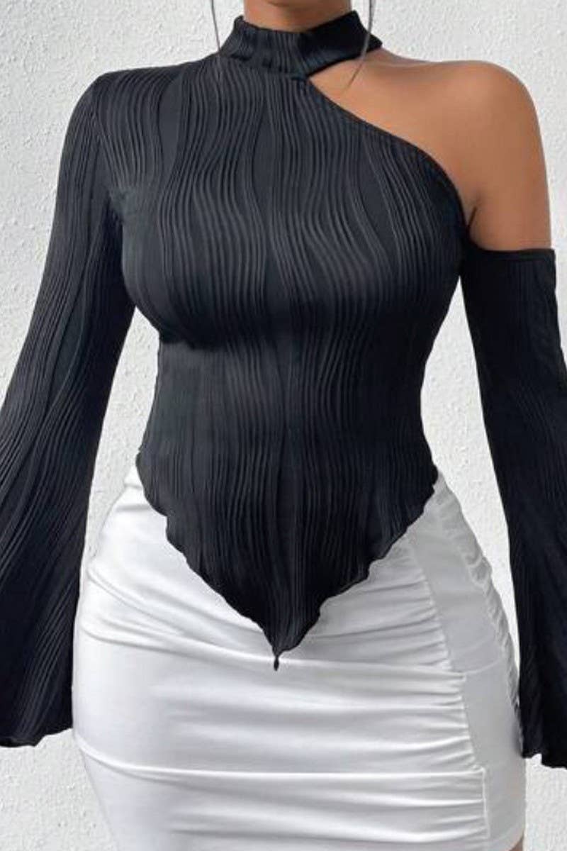 CWTBLL3441_STRIPED LONG SLEEVE SLANT COLLAR HALTER NECK TOP