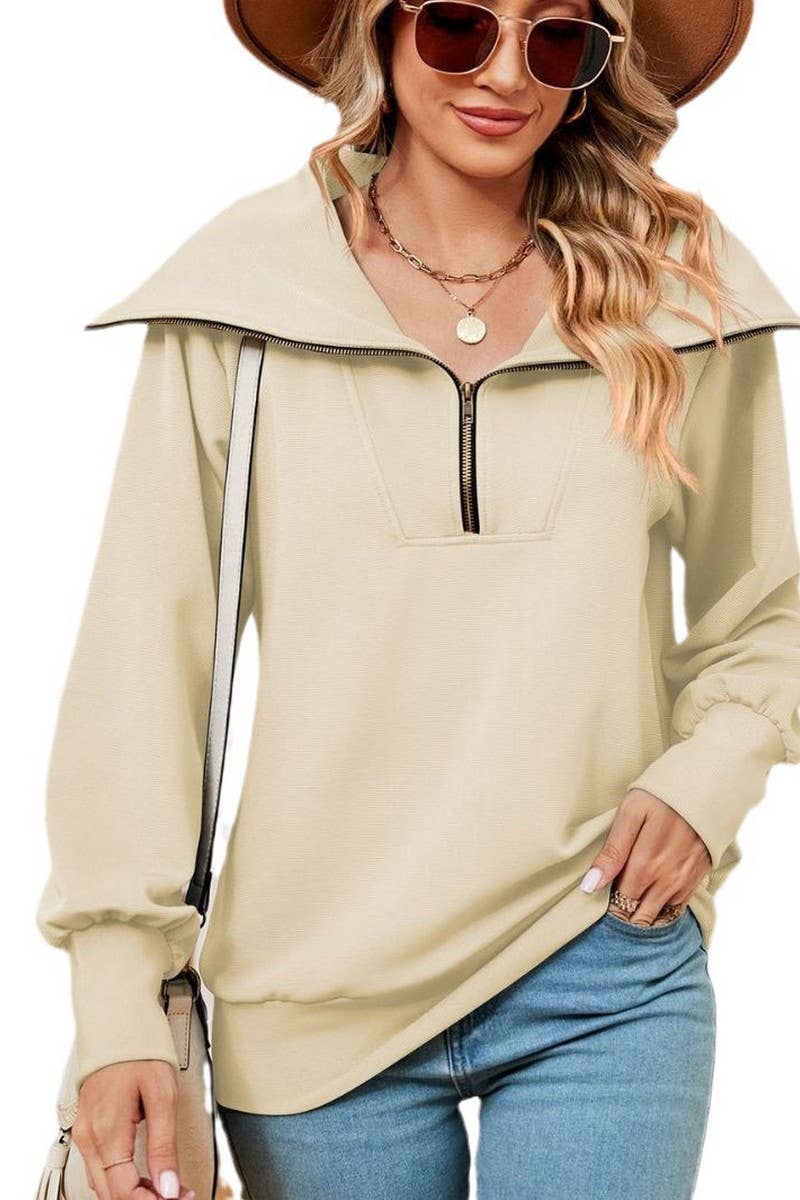 CWTBLL2400_SOLID COLOR ZIPPER LAPEL LOOSE SHAWL SWEATSHIRT