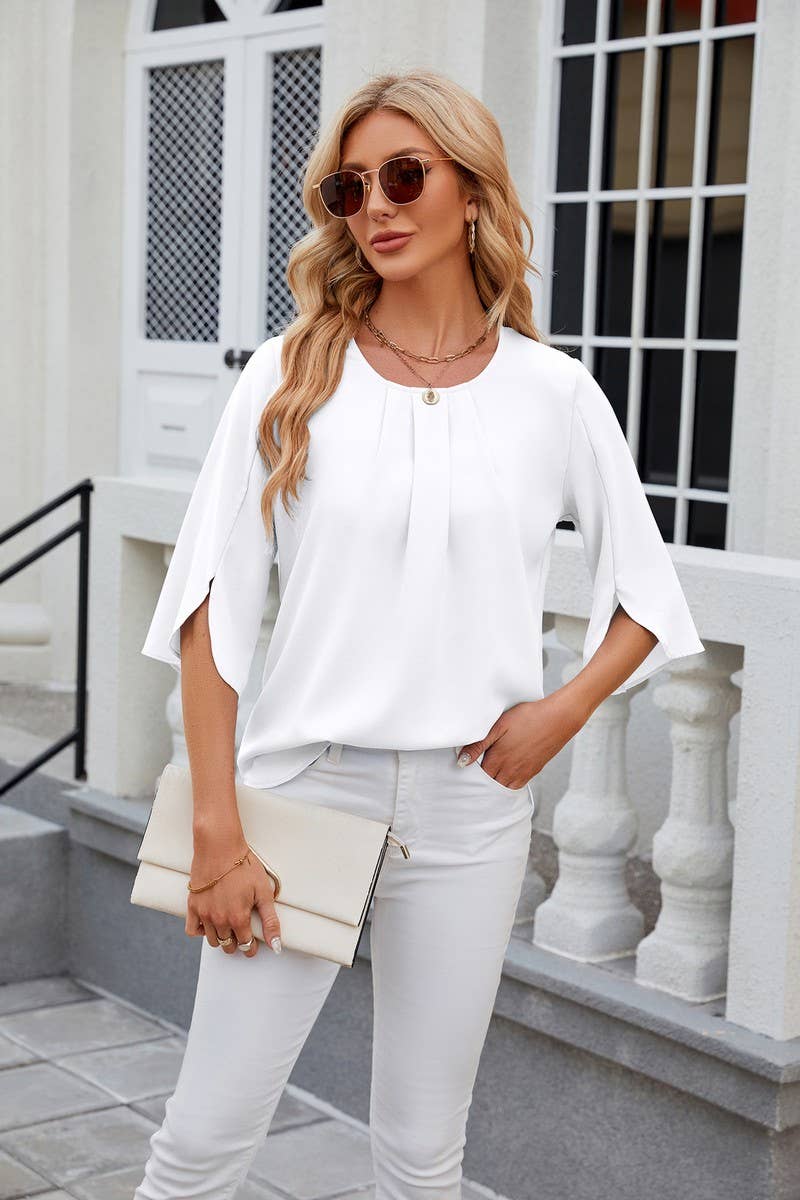 CWTBLS0434_Round Neck Short Sleeve Blouse