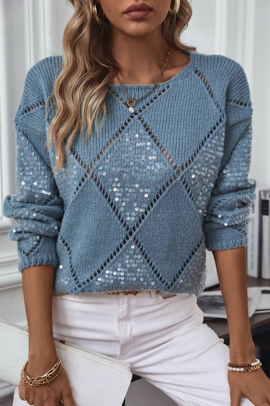 CWOSWL2812_PULLOVER HOLLOW SEQUIN KNIT SWEATER