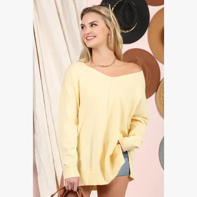 CWOSWL1826_V NECK LOOSE FIT TUNIC LENGTH SOFT SWEATER TOP