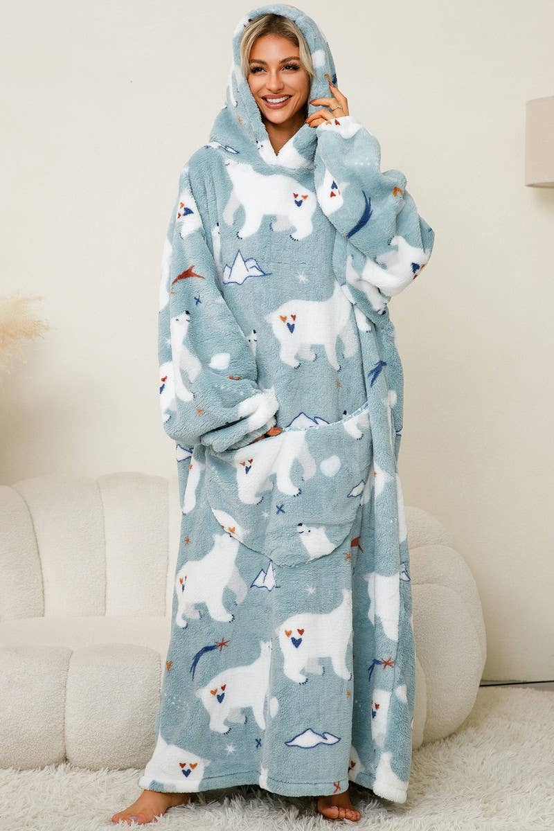 CWSPJ0141_THICK CORAL FLEECE HOODED LONG HOME ROBE