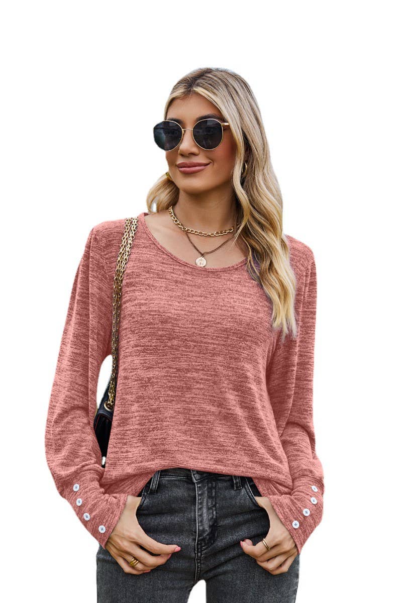 CWTBLL3688_SOLID COLOR ROUND NECK LOOSE CASUAL LONG SLEEVE T