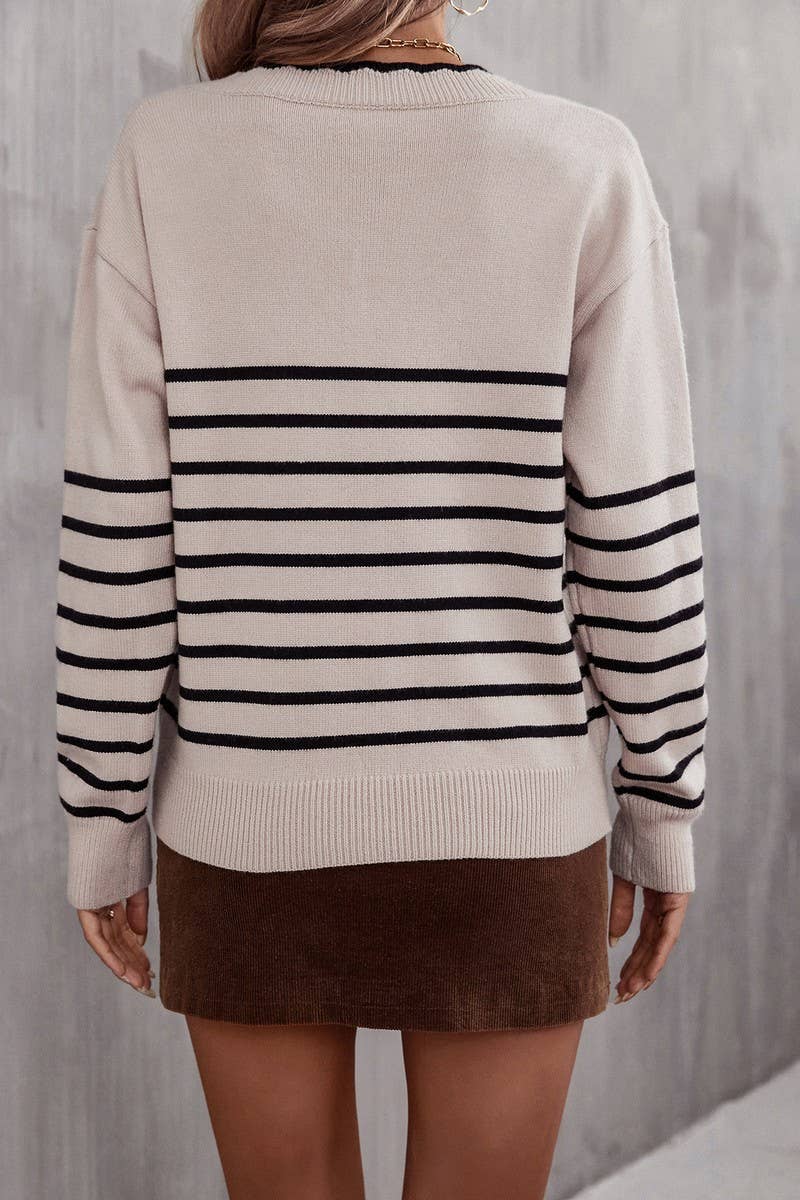 CWOSWL1706_V-neck Long Sleeve Striped Pullover Sweater