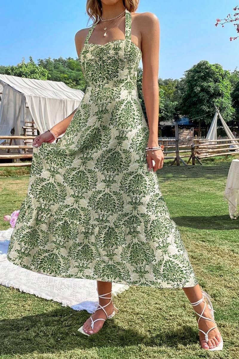 CWDHL0981_FLORAL PRINT TIE SLEEVELESS A-LINE DRESS