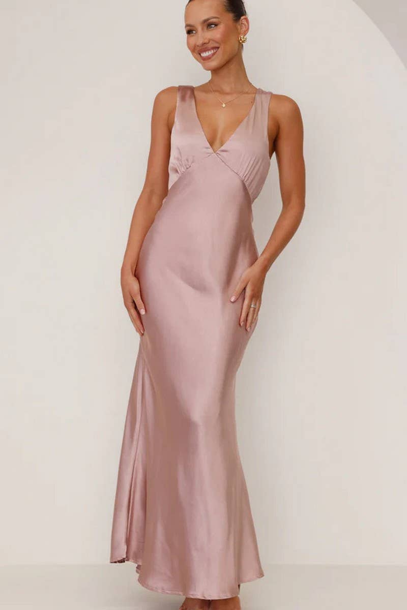 CWDMD5212_SOLID V-NECK BODYCON EVENING GOWN DRESS