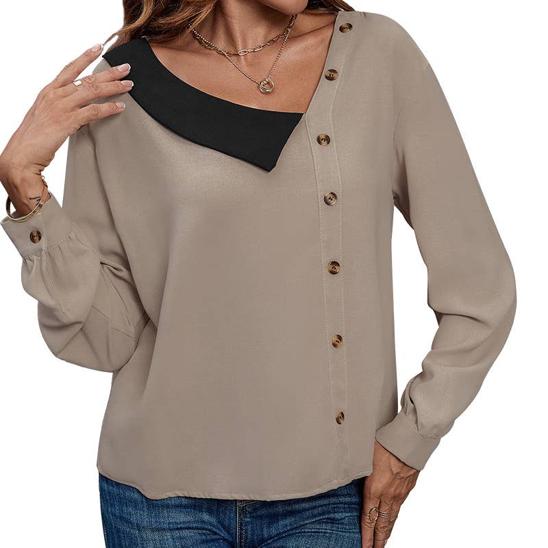 Button-decorated V-neck long-sleeved shirt