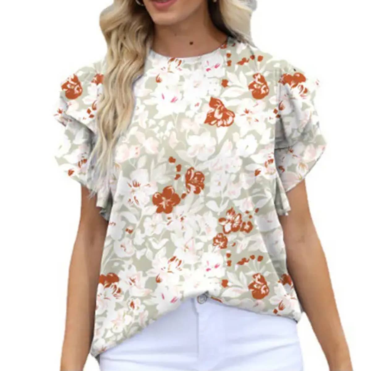 CREW-NECK PRINTED RUFFLED SHORT-SLEEVED T-SHIRT