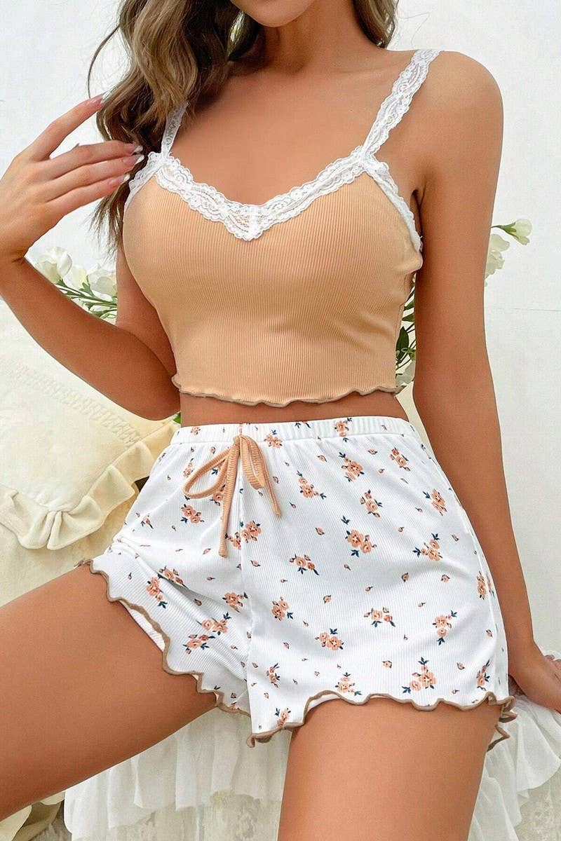 CWSPJ00477_FLORAL LACE CAMI AND SHORTS LOUNGEWEAR SET