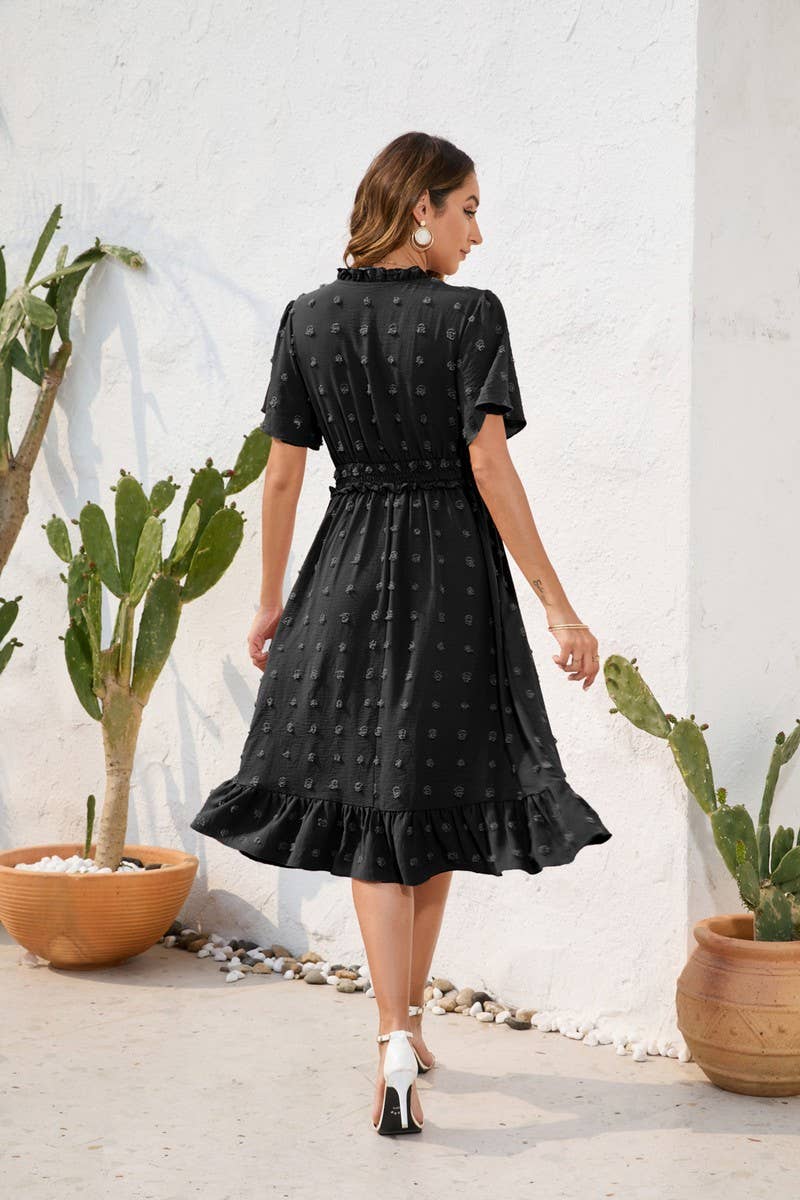 CWDMD2141_V-NECK HIGH-WAISTED LACE-UP DRESS