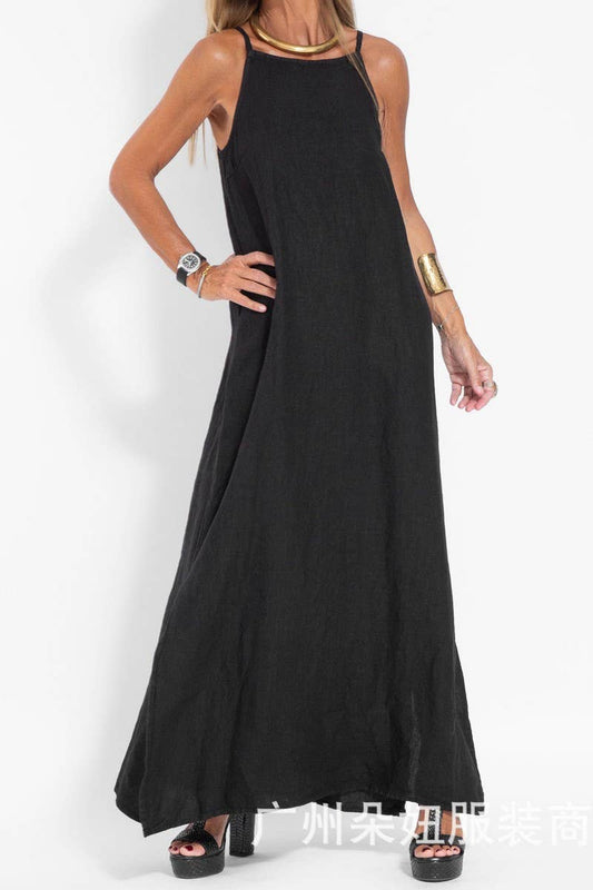 CWDMD01027_CASUAL COTTON AND LINEN SLIT SUSPENDER DRESS