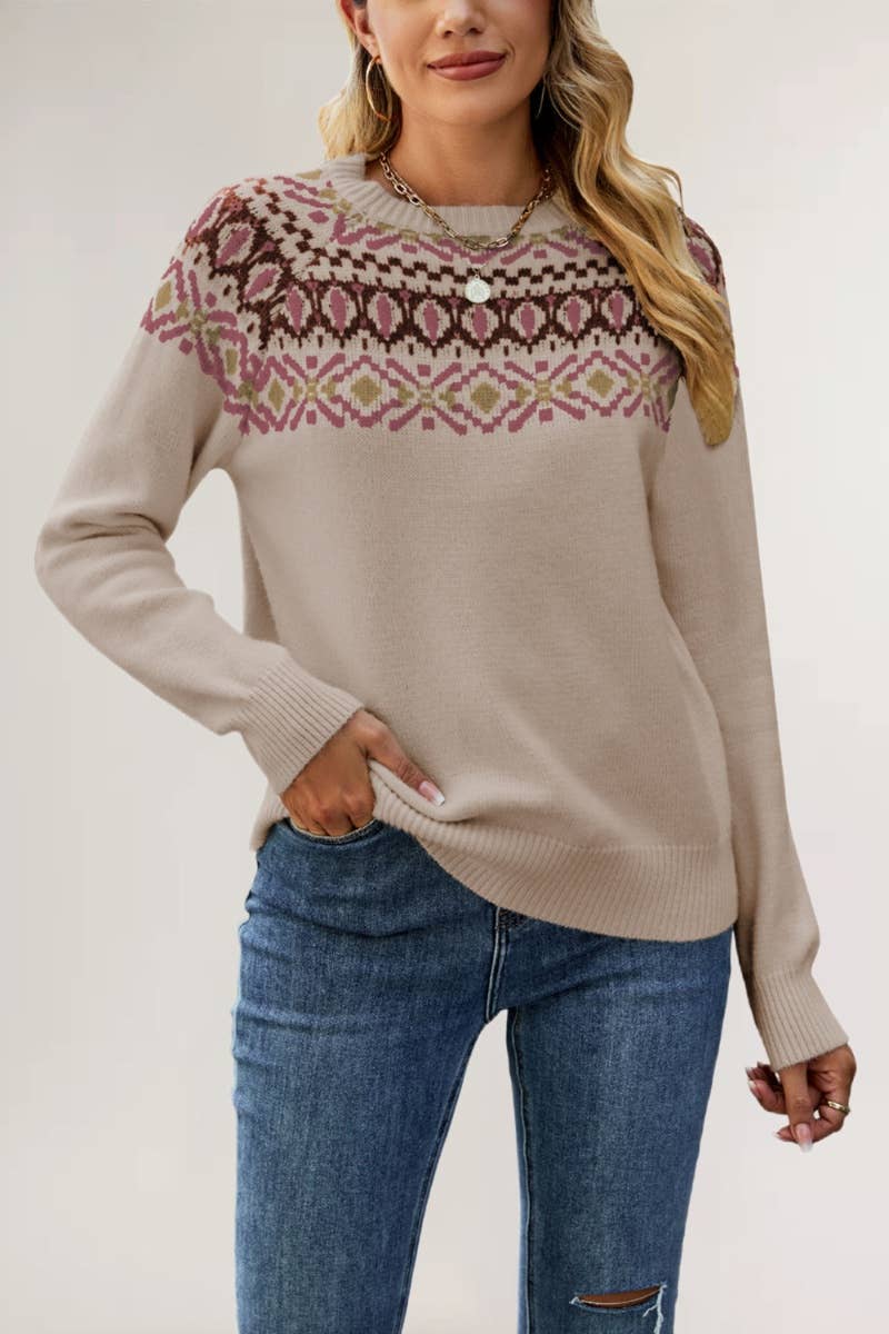 CWOSWL5852_VINTAGE LOOSE CREW NECK LONG-SLEEVED SWEATER