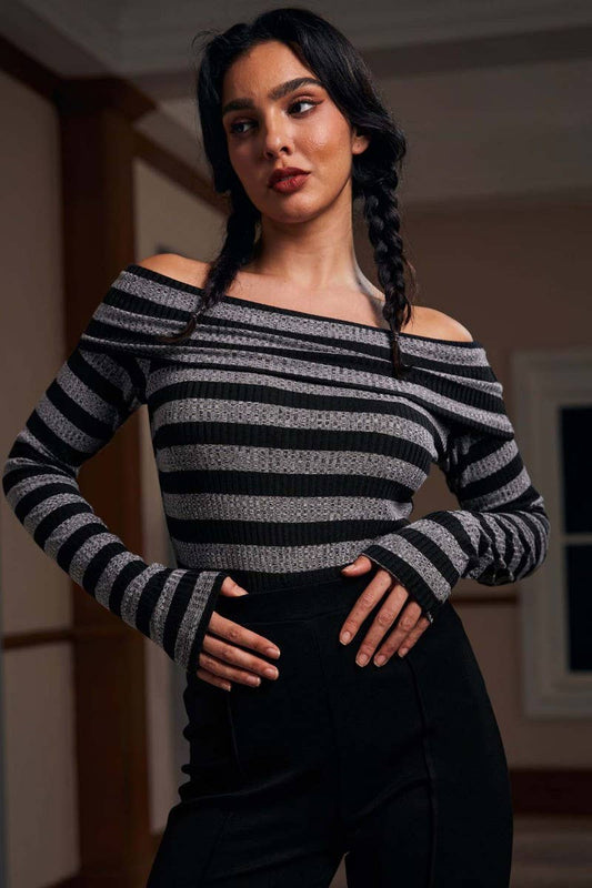 CWTBLL3967_COLORBLOCK OFF SHOULDER STRIPED SLIM FIT TEE