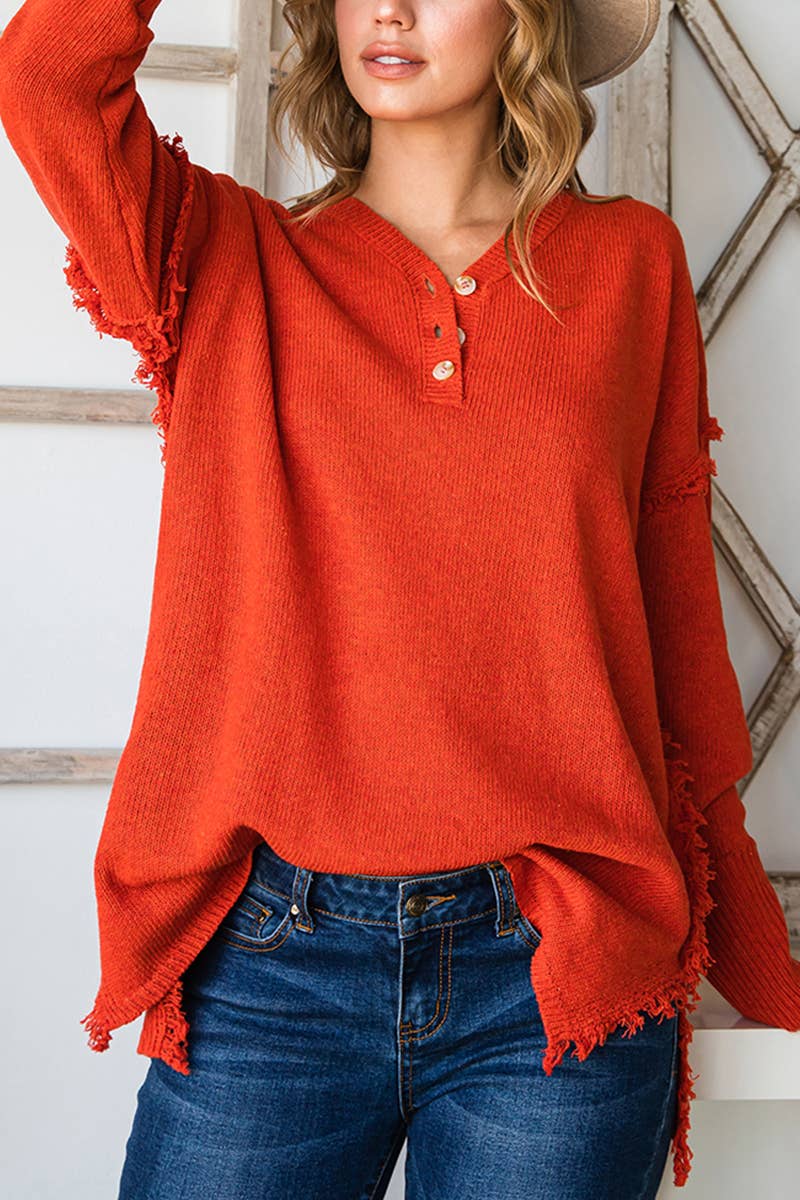CWOSWL646_BUTTON DOWN FRINGE SHOULDER SWEATER KNIT TOP