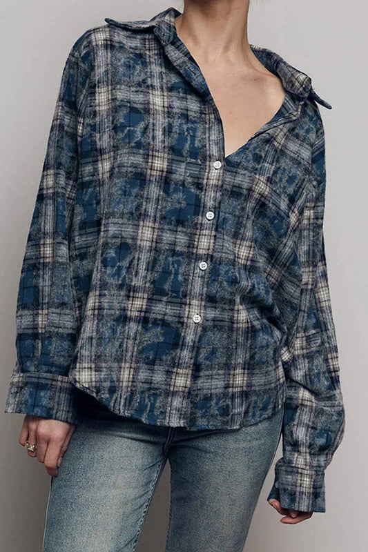 CWTBLL00625_PLAID LOOSE RUFFLED PLAID LONG-SLEEVED SHIRT