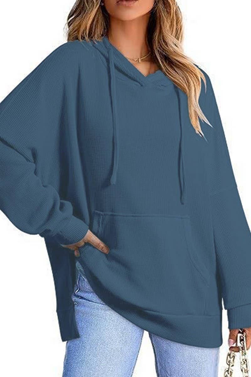 CWOHOL00633_RELAXED WAFFLE KNIT SIDE SLIT HOODED PULLOVER