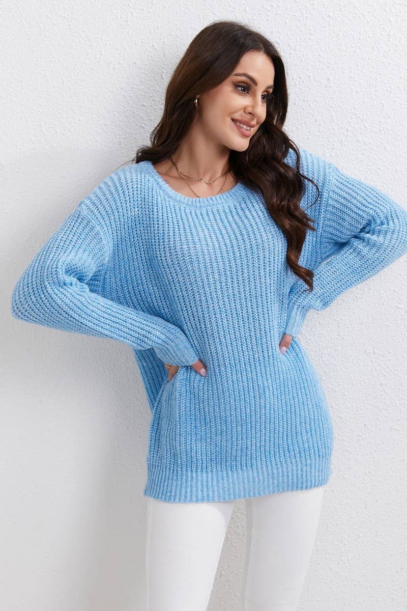 CWOSWL07669_SOLID COLOR ROUND NECK LOOSE PULLOVER SWEATER