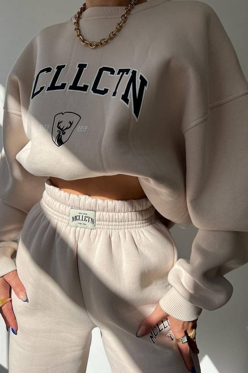 CWSTB1360_LETTER PRINT THICK SWEATSHIRT PANTS SET