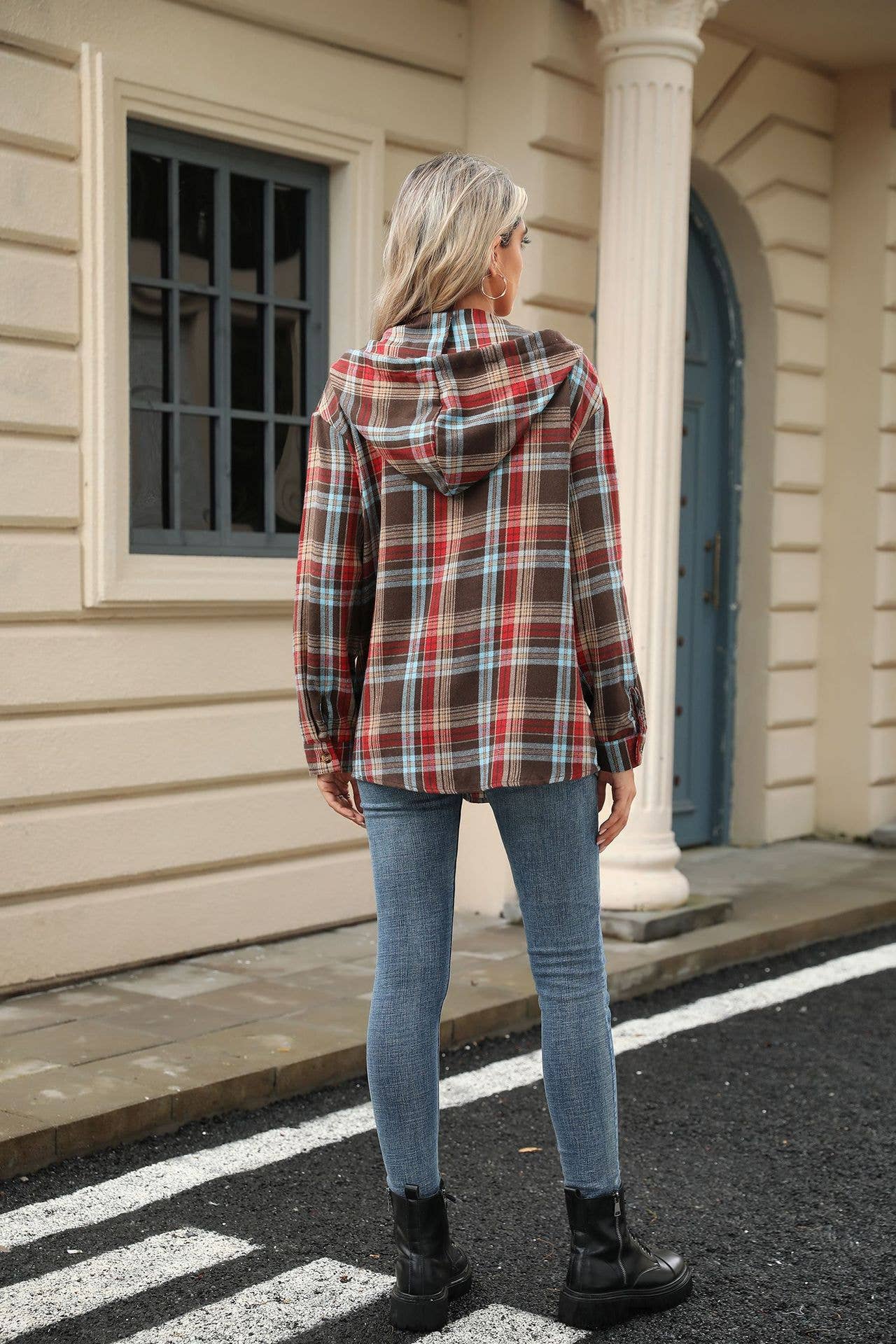 Checked hooded loose long-sleeved sweatshirt