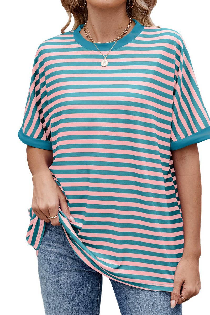 CWTTS1343_SUMMER STRIPED CONTRAST LOOSE SHORT SLEEVES