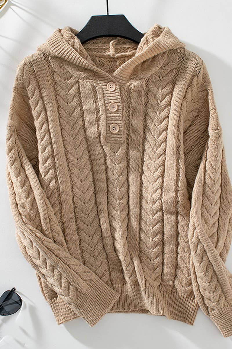 CWOSWL2807_BUTTON CABLE-KNIT HOODED SWEATER