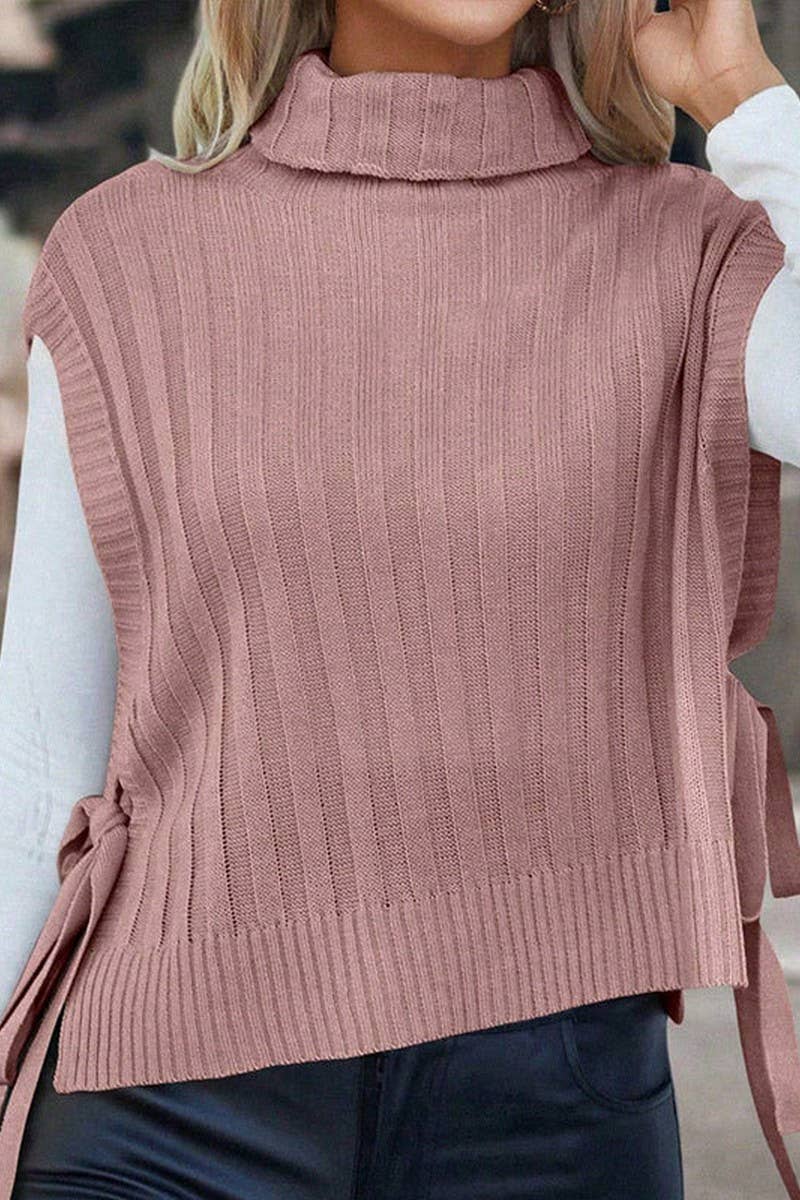 CWOSWSL00158_SOLID TURTLENECK SLEEVELESS SIDE TIE KNIT VEST